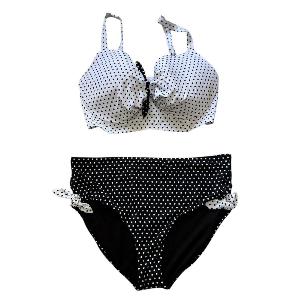 Swimsuits For All Bikini Sz 38G/20 Black White Polka Dot Bow High Waist Brief